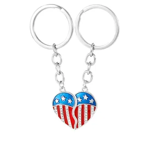 BFF American flag heart puzzle keychains with sparkling rhinestones and silver finish