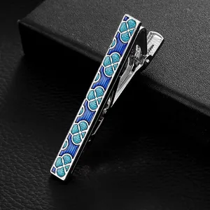 Men's Business Tie Clip Alloy Silver Metal With Blue Enamel Clover Pattern Fashion Necktie Bar For Office Wedding Jewelry Gift