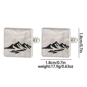 Detailed view of silver square cufflinks with mountain engraving and dimensions 1.8cm