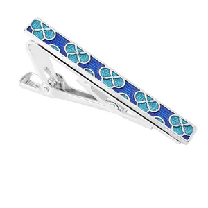 Business tie clip for men with silver finish and blue enamel floral pattern design