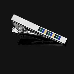 Silver business tie clip for men with colorful rectangular enamel inlay on black background