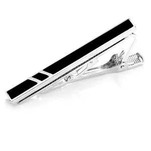 Polierte silberne Herren Krawattenklammer mit schwarzen Emaille Streifen Inlays