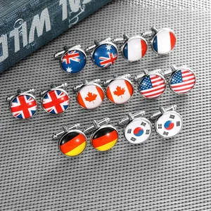 Detailed close-up of multiple national flag cufflinks with polished metal and glass dome
