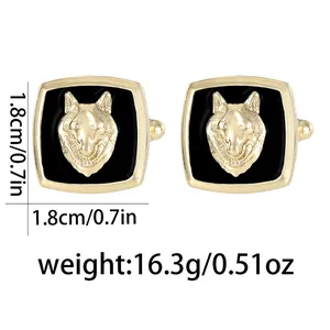 Detail view of square wolf head cufflinks with dimensions and weight specifications