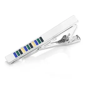 Mens silver tie clip with multi-colored enamel rectangles on a white background