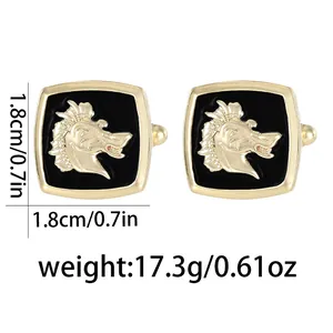 Macro view of gold horse cufflinks with black enamel inlay and measurement labels