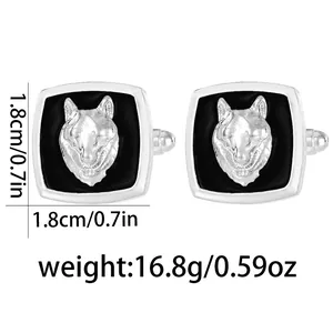Detailed view of square wolf head cufflinks with 1.8cm size measurements and black background