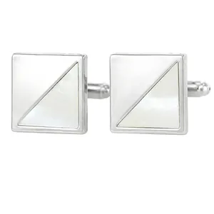 French style square silver cufflinks with diagonal metal and mother of pearl inlay