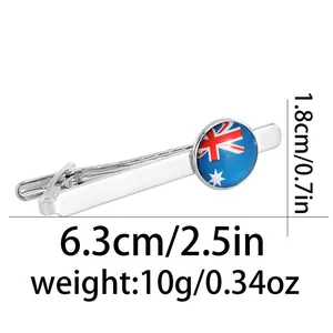 Detailed specs of the silver tie clip with Australia flag, 6.3cm long and 10g weight