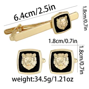 Men's gold lion head cufflink and tie clip set for formal business shirts with gift box
