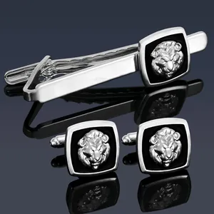 Herren Business Krawattenklammer Und Manschettenknöpfe Set Silber Legierung 3D Löwenkopf Professionelle Formelle Anzug Hemd Accessoires Schmuck Geschenk