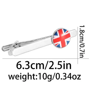 Close-up of UK flag tie clip with dimensions 6.3cm in length and 1.8cm in width