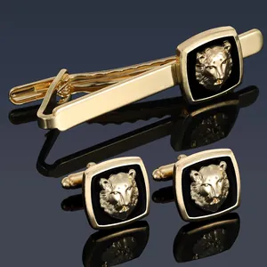Luxury Gold Lion Head Cufflinks And Tie Clip Business Men French Shirt Accessories Alloy Metallic Jewelry For Banquet Wedding