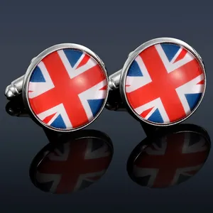 Detailed view of round Union Jack cufflinks with silver metal frame and glossy finish
