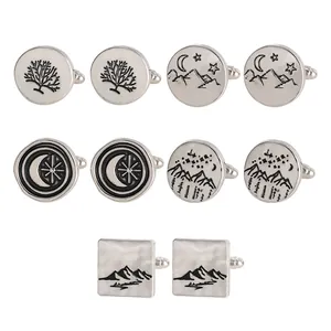Set of 5 pairs silver cufflinks featuring nature sun moon mountain motifs with black enamel