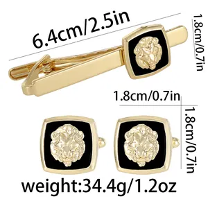 Men's gold lion head tie clip and cufflinks set with product dimensions display