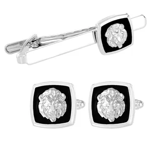 Manschettenknöpfe und Krawattennadel-Set mit silbernem Löwenkopf auf schwarzer Emaille