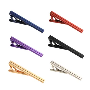 Set of 6 colorful matte and polished business tie clips for men in organized grid view