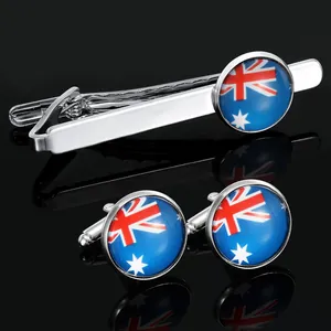 Polished silver tie clip and cufflinks set featuring the Australian flag design