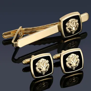 Men French Shirt Business Accessory Gold Plated Alloy 3D Lion Head Relief Square Tie Clip And Cufflinks For Wedding Banquet