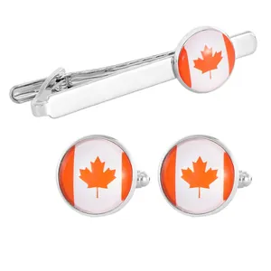 Canada flag cufflinks and tie clip set with red maple leaf on silver-tone base
