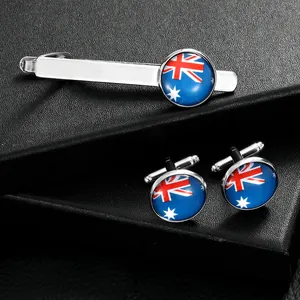 Men's silver metal tie clip and cufflinks set with Australian flag design in gift box