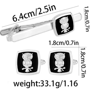 Business owl cufflink and tie clip set in silver and black metal for formal shirts