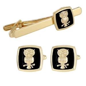 Men's gold-plated business cufflinks and tie clip set with owl relief and black enamel