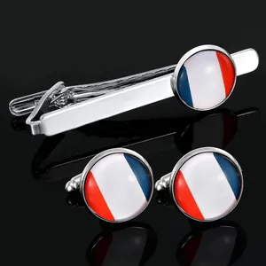 Men Business Alloy French Flag Cufflinks And Tie Clip Silver Polished Tri-color Stripes Professional Shirt Accessory Jewelry