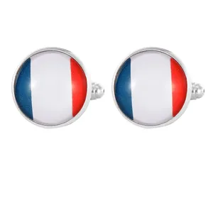Classic silver round cufflinks featuring the French national flag under a clear glass dome