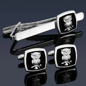 Men's Zinc Alloy Owl Cufflinks And Tie Clip Combo Silver Black Enamel Animal Pattern Business Wedding Groom Shirt Accessories