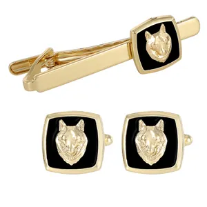 Men's luxury gold wolf head necktie clip and cufflinks set for business attire
