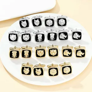 Men's Vintage Business Alloy Cufflinks With 3D Animal Relief Lion Wolf Owl Horse Pattern Black Enamel Square Shirt Cufflinks