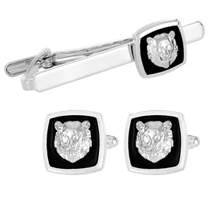 Men's silver tiger head cufflinks and tie clip set with black square enamel details
