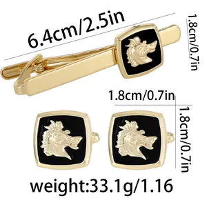 Golden business cufflinks and tie clip set featuring embossed horse head on black enamel