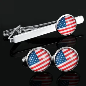 Men Business Tie Clip And Cufflink Set USA Flag Silver Alloy Metal Suit Accessories For Wedding Party Birthday Gift