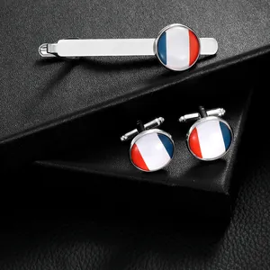 Business cufflinks and tie clip set featuring French flag enamel design on silver metal