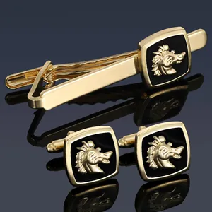 Luxury Men Business Suit Accessories Gold Plated Alloy Tie Clip And Cufflinks Relief Animal Motif Black Enamel Design