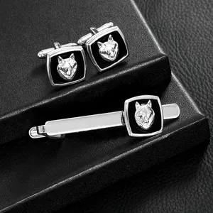 Business silver cufflinks and tie clip set featuring a 3D wolf head on black square base