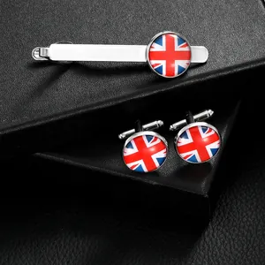 Polished silver cufflinks and tie clip set with British Union Jack flag in a black case