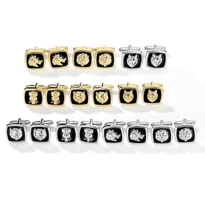 Men's square animal cufflinks with lion and owl designs in gold and silver finish