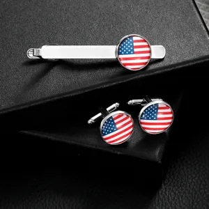Polished silver tie clip and cufflinks set with American flag design in premium gift box