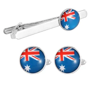 Men's silver alloy tie clip and cufflinks set featuring Australian flag design