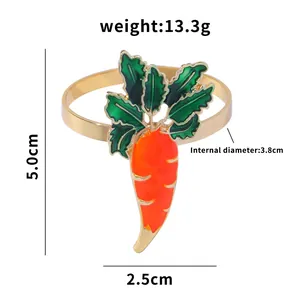 Golden carrot enamel napkin ring with dimensions and weight specs for Easter table decor