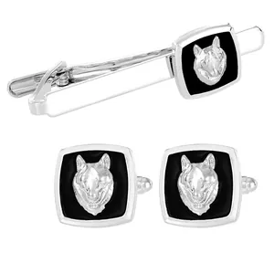 Polished silver men's business suit accessories set with embossed wolf head design