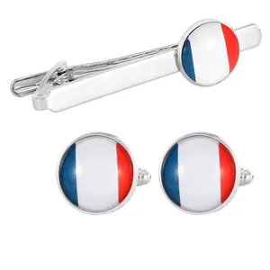 French flag tie clip and cufflinks set with silver finish for men's formal dress