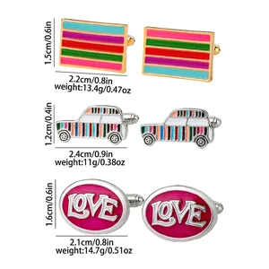 Three assorted stylish men's cufflinks featuring rainbow stripes, car shape, and LOVE text