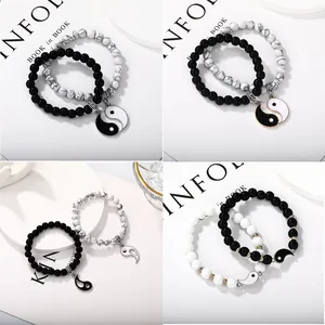 Tai Chi Yin Yang Couple Bracelet Set Alloy Enamel Pendant Beaded Braided Cord Friendship Jewelry For Men Women Gift