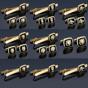 Men Business Fashion Alloy Relief Animal Wolf Head Owl Lion Tie Clip Cufflinks Jewelry Set Gold Silver Black Enamel Tuxedo Accessories