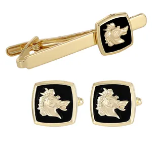 Golden wolf head embossed tie clip and cufflinks set for men's business shirts